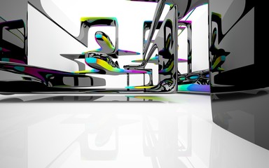 Abstract dynamic interior with black smooth objects and  colored glass lines. 3D illustration and rendering