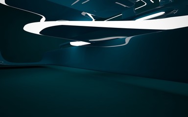Abstract interior of the future in a minimalist style with blue sculpture. Night view from the backligh. Architectural background. 3D illustration and rendering