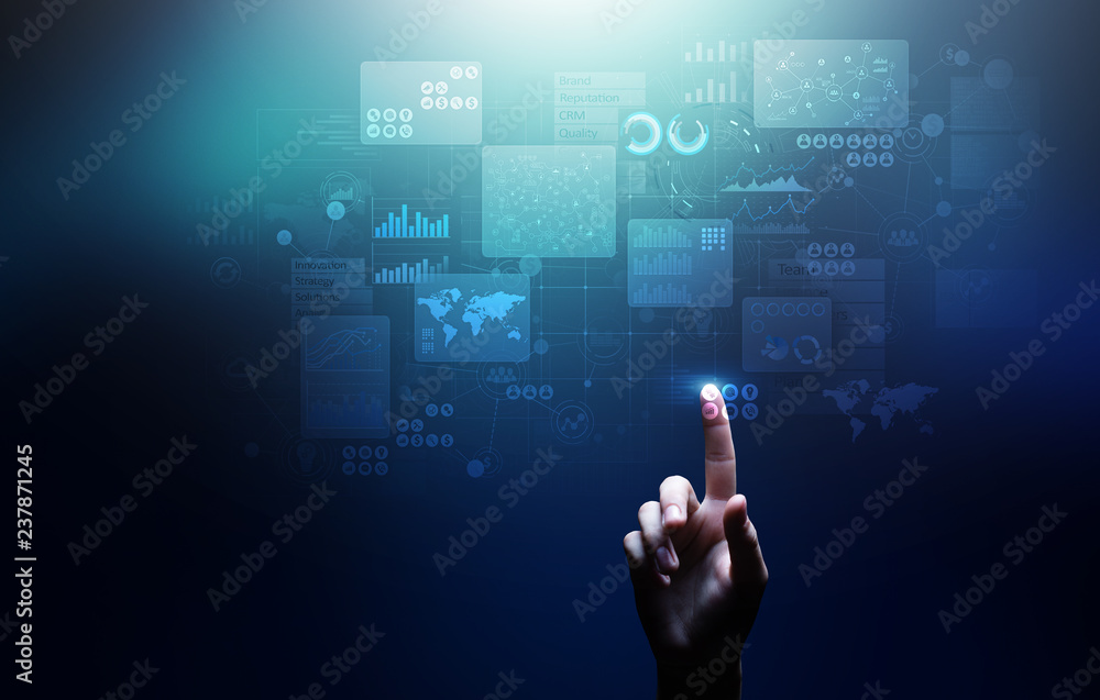 Poster business intelligence analyst dashboard on virtual screen. big data graphs charts.