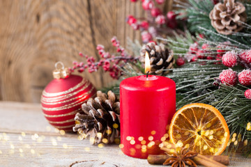 Christmas greeting card. Festive decoration on wooden background. New Year concept. Copy space.  Flat lay. Top view.