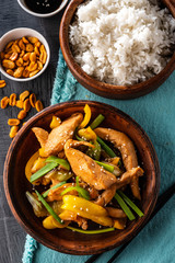 Kung Pao chicken, stir-fried Chinese sichuan traditional sichuan  dish with chicken, peanuts,...