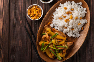 Kung Pao chicken, stir-fried Chinese sichuan traditional sichuan  dish with chicken, peanuts,...
