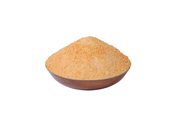 wooden bowl with organic coconut sugar isolated on white