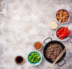 Asian noodles soba with various ingredients