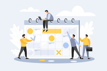 Team of young businessmen in cartoon style mark important dates in the calendar. The concept of exact timing ending of project. Advanced planning. Deadline. Vector flat illustration.