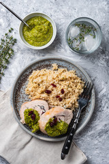 Sliced Chicken Roll with Cranberries, Pesto and Rice.