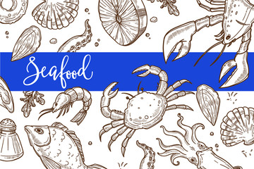 Seafood restaurant sketch poster for menu or tablemat template.