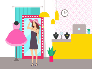 Woman Shopping in Store Shop Choosing Hat Vector