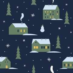 Obraz na płótnie Canvas Urban winter evening landscape with green various buildings, Christmas trees and snowman. Little cute town in snow. Seamless pattern for winter, new year and christmas theme. Vector illustration.