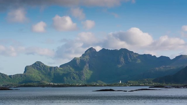 Lofoten islands, Norway - the town of Stamsund and the surrounding mountaintops on a summer evening.