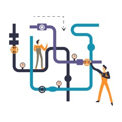 Plumbers professional workmen dealing with pipeline system of house