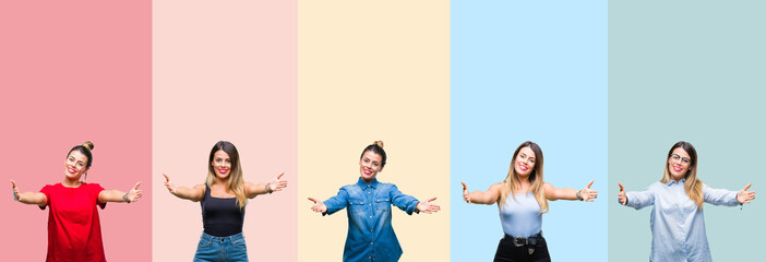 Collage of young beautiful woman over colorful stripes isolated background looking at the camera smiling with open arms for hug. Cheerful expression embracing happiness.