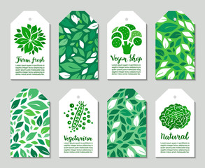Vegetable tags with broccoli, peas, cabbage, salad leaves. Farm fresh, vegan shop, vegetarian, natural lettering inscription. Weight loss low calorie ecology concept. Vector label set