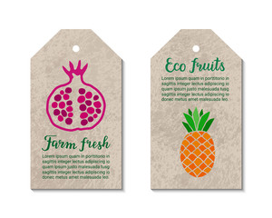 Colorful tags with pomegranate, pineapple. Farm fresh, eco fruits lettering text inscription. Healthy food, weight loss, low calorie, bio, organic, natural graphic concept. Vector eps 10 label set