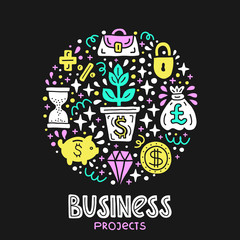 Business project investment handdrawn doodle EPS 10 vector illustration. Lettering text inscription. Capital expenditure finance economics concept. Currency, diamond, start up investing