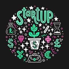 Start up investing. Business project investment handdrawn doodle circle background. EPS 10 vector illustration. Lettering text inscription. Capital expenditure finance economics concept.