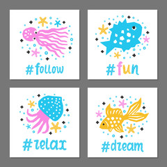 Cutout marine style sea animal kids design element paper flyer card set. Lettering popular hashtag title fun, follow, dream, relax. Vector cartoon fish, octopus, calmar background. Child ocean posters