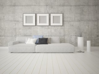 Mock up fashionable living room with a bright stylish sofa and hipster backdrop.