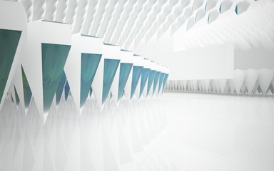 abstract architectural interior with white sculpture and geometric glass lines. 3D illustration and rendering