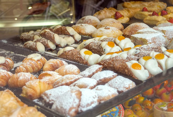 Sicilian cannoli on sale in italian bakery