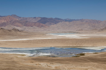 Fototapeta na wymiar Landscape with salt lakes in the Pamir mountains near Alichur in Tajikistan