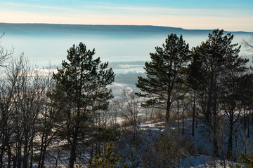 mountains, river, fog, snow, winter, forest, trees, pines, sky