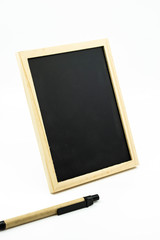 Tripod standing small blackboard and a pen isolated on white background.