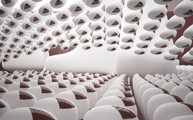 Fototapeta premium Abstract dynamic brown interior with white smooth objects . 3D illustration and rendering