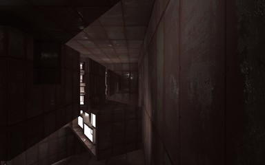 Empty abstract room interior of sheets rusted metal and concrete. Architectural background. 3D illustration and rendering