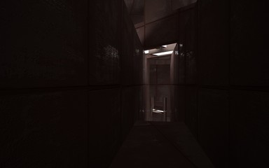 Empty abstract room interior of sheets rusted metal and concrete. Architectural background. 3D illustration and rendering