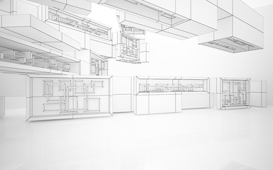 Abstract white interior highlights future. Polygon drawing . Architectural background. 3D illustration and rendering