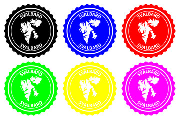 Svalbard - rubber stamp - vector, Spitsbergen map pattern - sticker - black, blue, green, yellow, purple and red