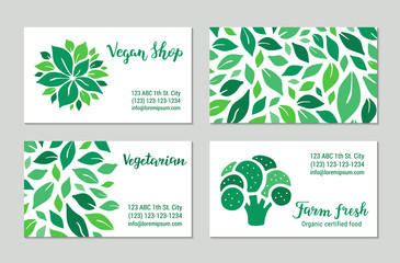 Green visit cards with salad leaves pattern and broccoli. Vegan shop, vegetarian, farm fresh lettering text. Colourful template collection. Plant-based concept. Vector EPS 10 illustration