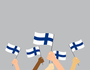 Obraz premium Vector illustration hands holding Finland flags on gray background 