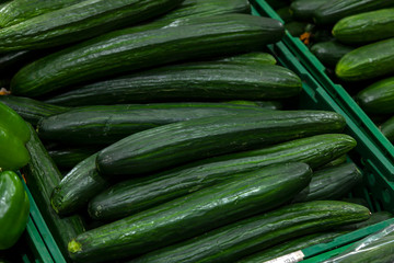 Long, smooth, green cucumbers laid out horizontally on the counter farm attract with their freshness, healthy lifestyle, useful in a light vegetable salad, for this they are chosen by buyers.