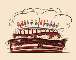 Illustration shows beautiful festive cake with birthday candles