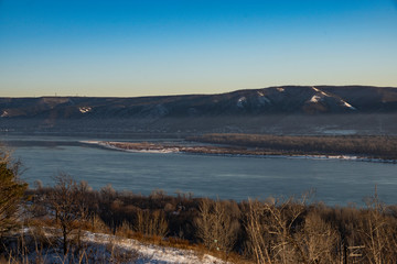 river, mountains, fog, valley, trees, forest, sky, snow, nature