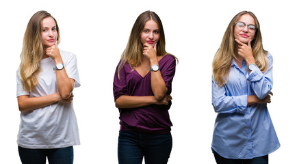 Collage of young beautiful blonde woman over isolated background looking confident at the camera with smile with crossed arms and hand raised on chin. Thinking positive.