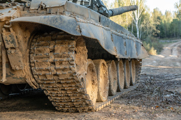 Military tank track,close up view. Military concept. Tank on exercises.