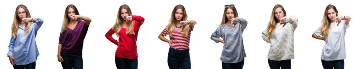 Collage of young beautiful blonde woman over isolated background looking unhappy and angry showing rejection and negative with thumbs down gesture. Bad expression.