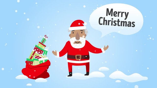 Santa Claus with gifts. Looping animation video in flat style. Greeting e-card with text merry christmas.