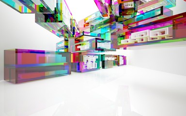 abstract architectural interior with gradient geometric glass sculpture with white lines. 3D illustration and rendering