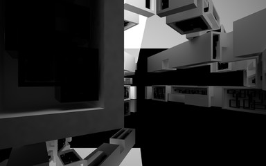 Abstract white interior of the future, with glossy black wall and floor. 3D illustration and rendering