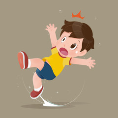 The yellow shirt cartoon boy feel shock because slipping in a puddle on the floor. - obrazy, fototapety, plakaty