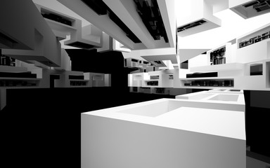 Abstract white interior of the future, with glossy black wall and floor. 3D illustration and rendering