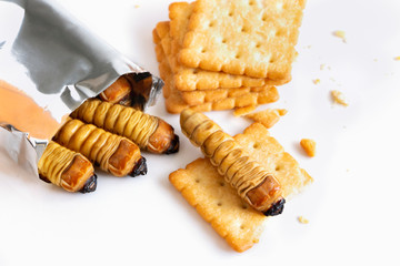 Worm as snacks like cookies. The concept of protein food sources from insects. It is a good source of protein, vitamin B12, and fiber, it is low in fat.