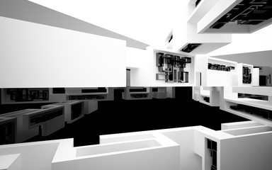 Abstract white interior of the future, with glossy black wall and floor. 3D illustration and rendering