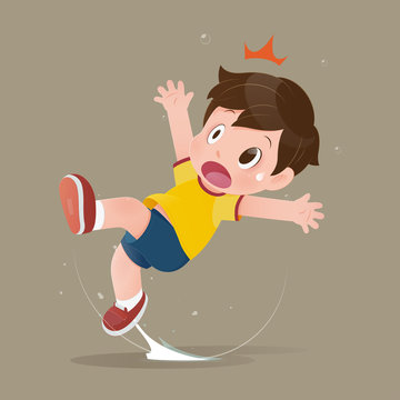 The yellow shirt cartoon boy feel shock because slipping in a puddle on the floor.