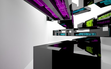 Abstract dynamic interior with black and colored objects. 3D illustration and rendering