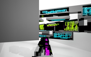 Abstract dynamic interior with black and colored objects. 3D illustration and rendering